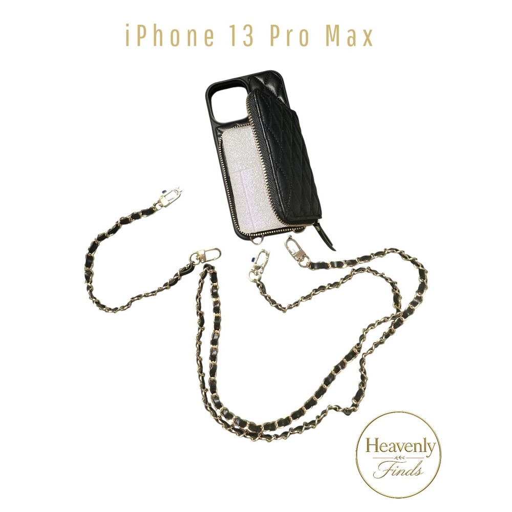 Lameeku iPhone 13 Pro Max Wallet Case Black Quilted Crossbody RFID New‎